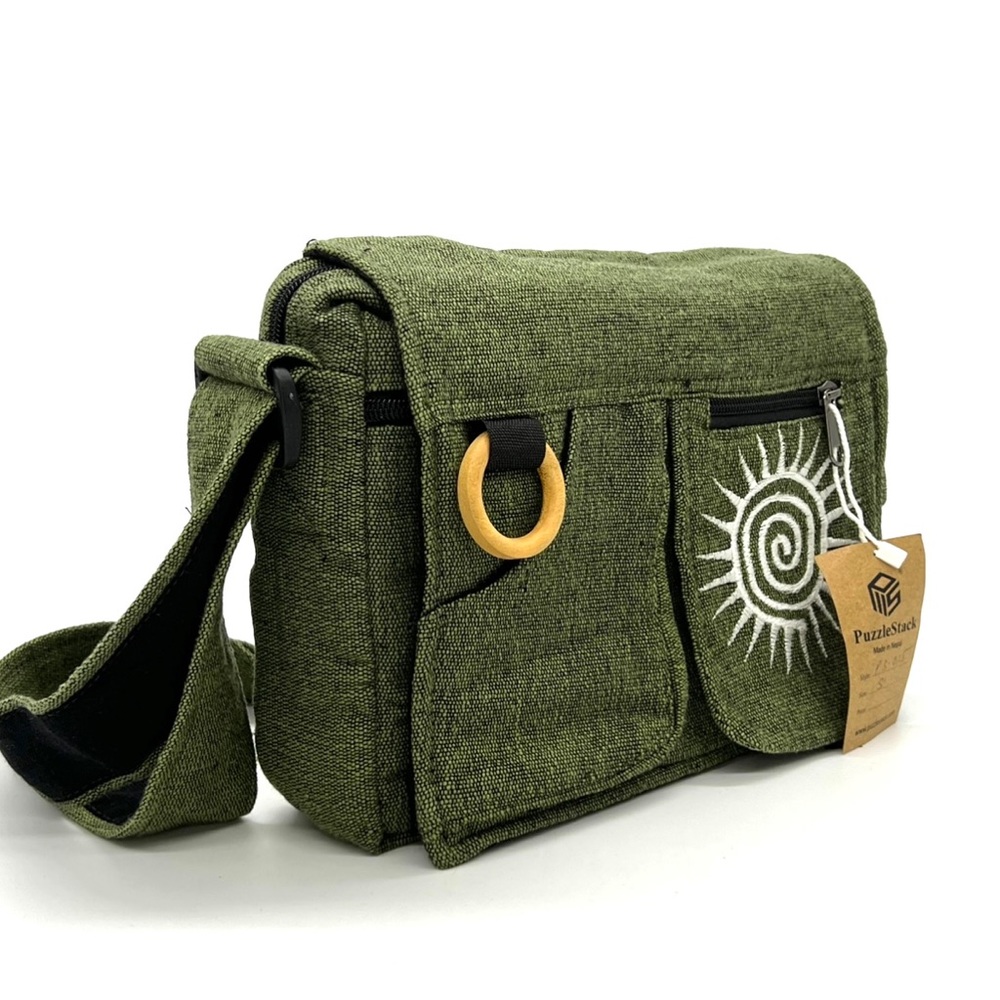 Green Messenger Bag Handmade Cotton Bag Sustainable Vegan Gift - Picture 2 of 8